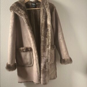 Dennis Basso Hooded Tan Suede Fur Coat Size XS